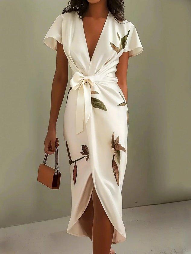 White Leaf Short Sleeve Satin Wrap Sheath Midi Dress