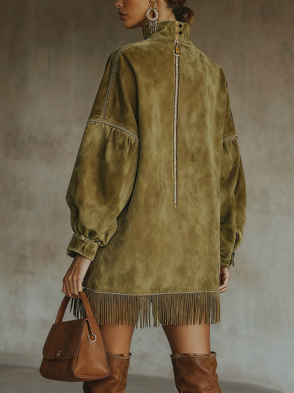 Olive Faux Suede Turtleneck Dress With Fringe Hem
