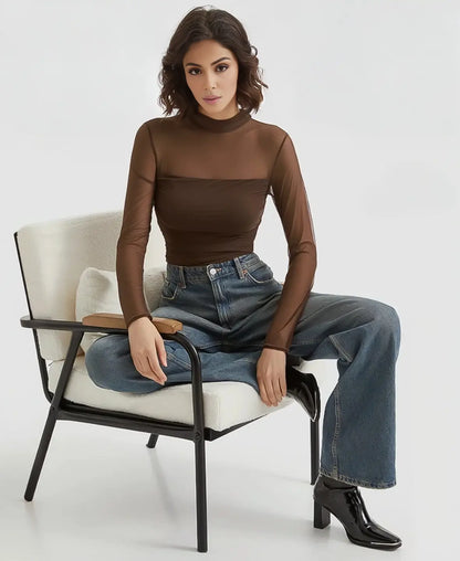 Sheer Mesh Turtleneck Top