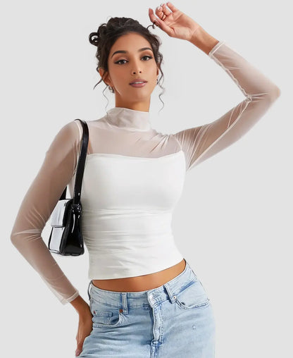 Sheer Mesh Turtleneck Top