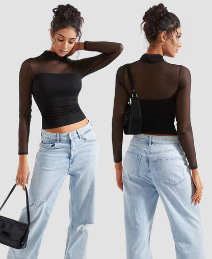 Sheer Mesh Turtleneck Top