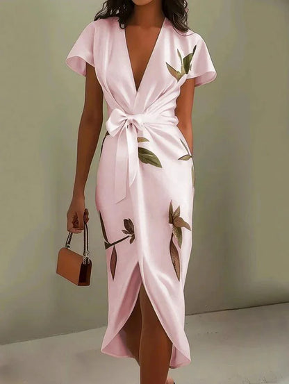 White Leaf Short Sleeve Satin Wrap Sheath Midi Dress